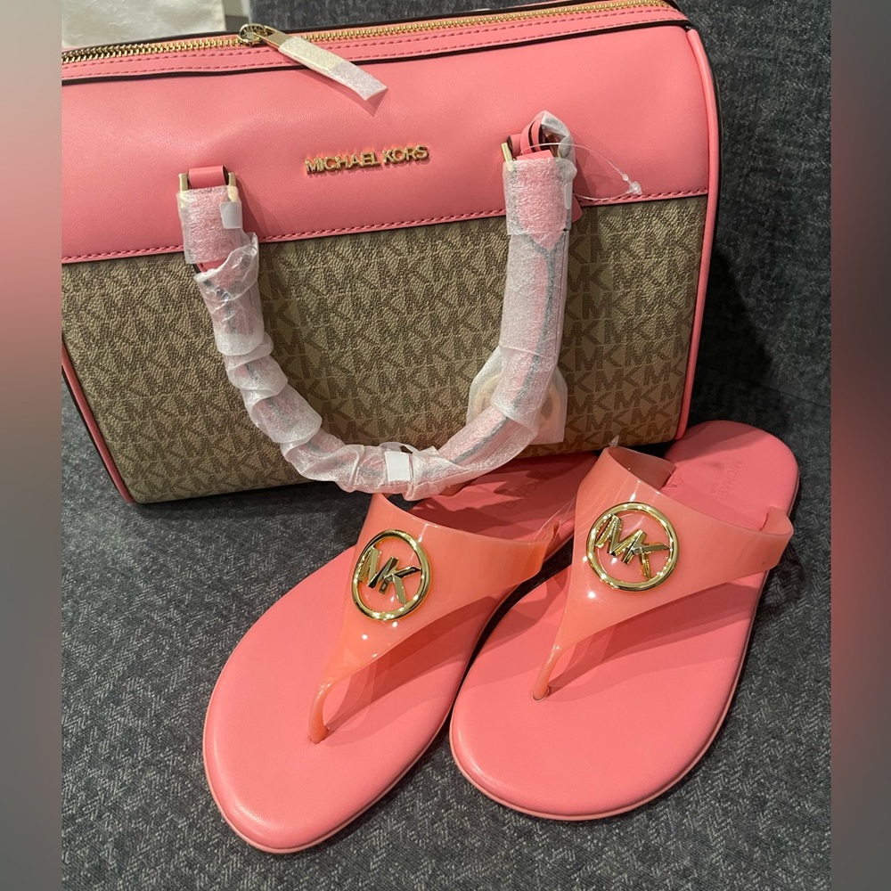 Michael Kors Jet Set Travel Medium Duffle Bag Satchel and jelly sandal